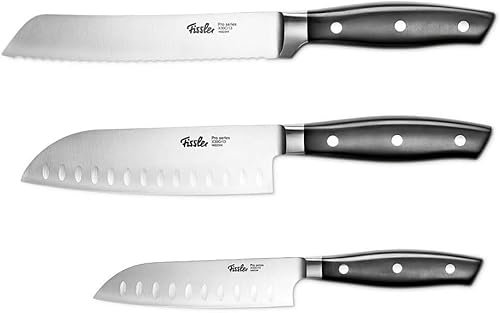 Fissler PROFI Messerset 3 tlg, Santoku Messer 130mm + 165mm & Brotmesser 180mm- Hochwertig, Spezialklingen-Edelstahl geschmiedet - scharf, Rostfrei, Küchenmesser breites Klingenblatt
