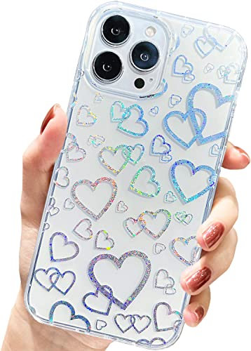 AMART for iPhone 12 Pro Max Case Clear, Cute Glitter Sparkly Love Heart Laser Pattern Design Case, Soft TPU Bumper + Hard PC Back Women Girls Protective Phone Cover for iPhone 12 Pro Max (6.7 inch)