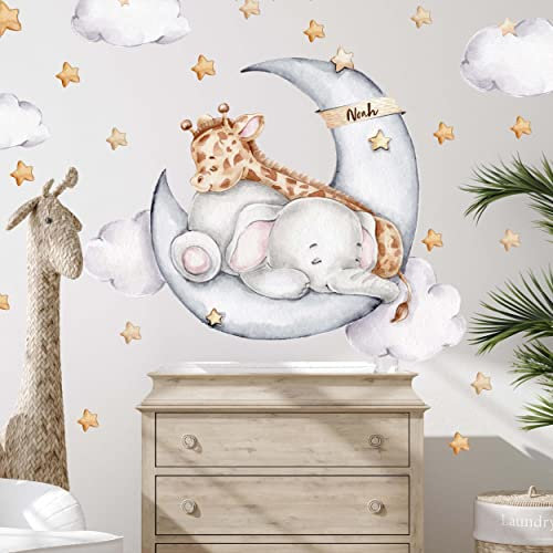 Elefant und Giraffe Personalisierbar V365 mit Wunschname | handgezeichnet | AUFKLEBER Kindergarten | Wandsticker Kinderzimmer Deko mit Sternen Babyzimmer (120 x 120 cm)