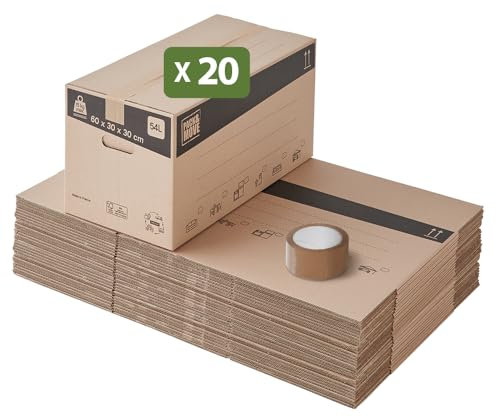 Pack and Move - Lot 20 cartons déménagement stockage standard - 60 x 30 x 30 cm - Poignées renforcées - 1 adhésif offert
