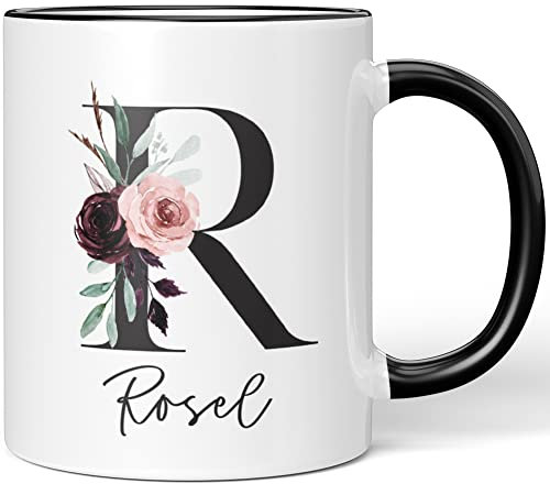 JUNIWORDS Tasse, Rosel, Name Anfangsbuchstabe Initial Alphabet Floral Buchstabe R Monogramm Motiv, Schwarz (5598143)