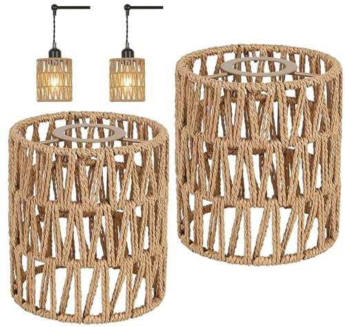 YushengTai 2 Stücke Boho Rattan Lampenschirm Retro, für Tisch- und Stehlampe, Braun, Gewebt, Metall, Papierseilweberei, Rund, Handgewebt