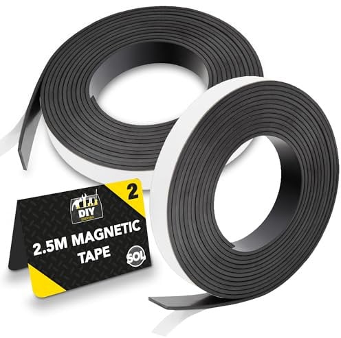 SOL 2pk 2.5 Meter Magnetic Tape - 12mm Width - Self-Adhesive Magnetic Strips - Multipurpose, Easy to Use, Ideal for DIY, Crafts, and Office Organisation