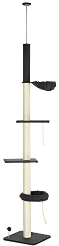 PawHut Floor To Ceiling Cat Tree, 5 Tier Height Adjustable Cat Climbing Tower with Scratching Post, Hammock, Bed for Indoor Cats, 240-270cm, Dark Grey