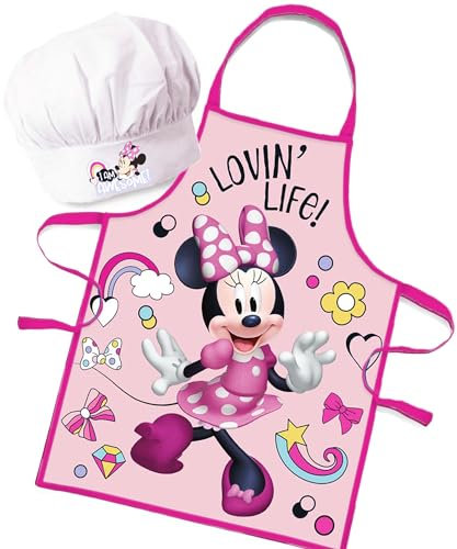 Sorrisini Delantal Infantil y Gorro de Cocinero Ajustable para Niños Cocina Minnie Mouse, Mandil Niña, Delantal y Sombrero para Cocinar, Hornear, Pintar, 3-8 Años Fantasy