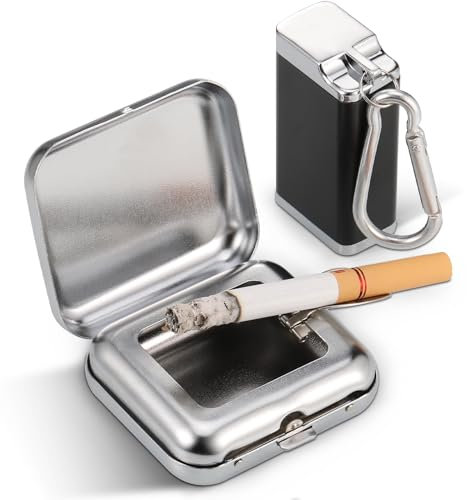 JIZZU Taschenaschenbecher für Unterwegs Geruchsdicht, 2 Stück Mini Edelstahl Taschen Aschenbecher, Tragbarer Reiseaschenbecher Aus Metall mit Deckel und Schlüsselring