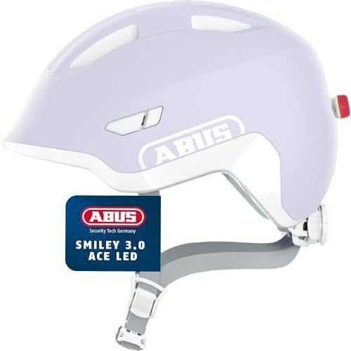 ABUS Kinderhelm Smiley 3.0 ACE LED - Fahrradhelm mit Licht - Tiefe Passform & Platz für einen Zopf - für Mädchen und Jungs - Pure Lavender, Größe M