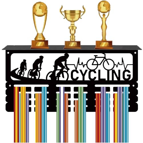 CREATCABIN Medaillenaufhänger Radsportler,Medaillenhalter Mit Ablage,Sportständer,Wandmontage,Rahmen,Eisenhaken,Trophäen-Medaillenständer Aufhängen,Auszeichnungen,Radsport,Marathon-Athlet,40x20x10cm