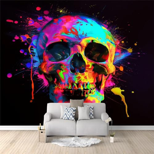 Art Fototapete Tapete Totenkopf Aus Neon-Farbspritzern Schwarz Vlies Tapeten Moderne Wandtapete Wohnzimmer Schlafzimmer Study Wohnzimmer Restaurant Cafe Dekoration 150 x 105 cm