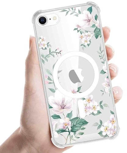 Foonary Coque magnétique transparente pour iPhone 8/SE 2022/7/SE 2020 4,7, compatible avec MagSafe avec motif esthétique fleur rose, chargement sans fil, coque de protection souple pour iPhone 7