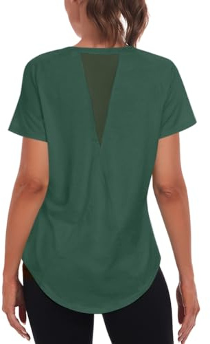 Jlowesun Women's Long Yoga Gym Tops, Sprots Running Exercise T-Shirt Short Sleeve Back Mesh Workout Loose Fit Summer Quick Dry Fitness Activewear Athletic Tee for Ladies Green