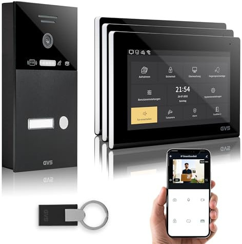 GVS - IP Video Türsprechanlage mit Türöffner, RFID Zugang, HD Kamera, 3X 7 Zoll Monitor & App - Smarte Video Türklingel mit Kamera & Gegensprechanlage für 1 Familienhaus (AVS4286A)