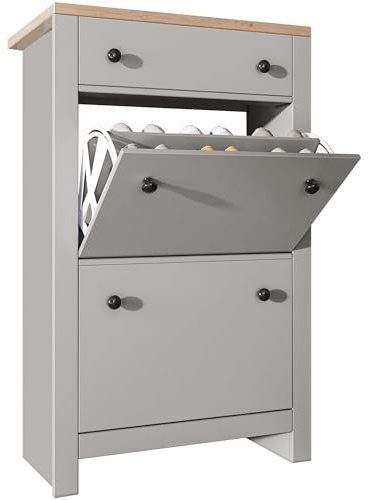 Shoe Storage Cabinet with 2 Flip Drawers & 1 Drawer Shoe Cabinet Freestanding Slim Shoes Organizer Cupboard for Entryway Light Grey 65W x 24D x 107H cm