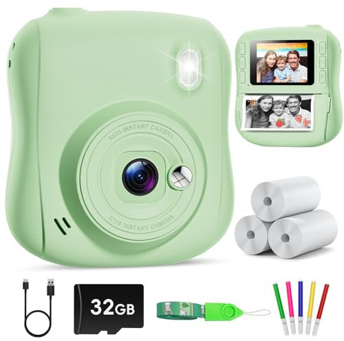 Hangrui Appareil Photo Instantané Enfant, 2,0 Pouces Écran HD Appareil Photo Enfant avec Carte de 32GB & 3 Rouleaux de Papier d'impression,Cadeau Jouet pour Enfant Garçons Filles de 3-10 Ans -Vert