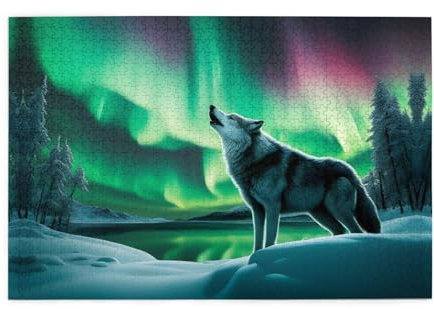 Puzzles1000 Teile Whjdpp Wölfe heulen im Nordlicht Bild Pädagogische Intellektuelle Holzpuzzles Lustige Puzzles Stressabbau-Spiel