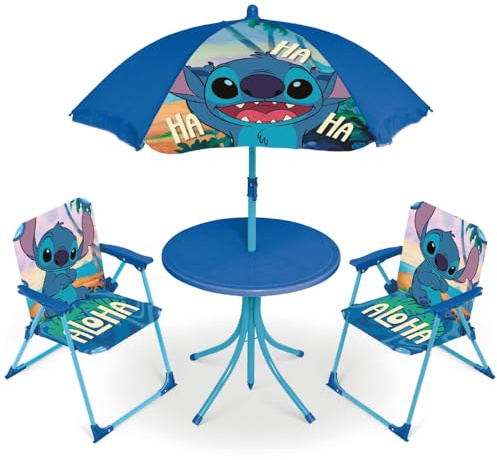 CARTOON Set Giardino Bambini Stitch Disney con 2 Sedie Tavolino e Ombrellone Tavolo Mare Pieghevole Tropicale Sedie 35x38x52 cm Portata 30 kg Età 3+