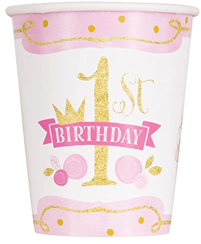 Unique Party 58156 9oz Pink and Gold Girls 1st Birthday Party Cups, 8ct, Paper, Pink & Gold