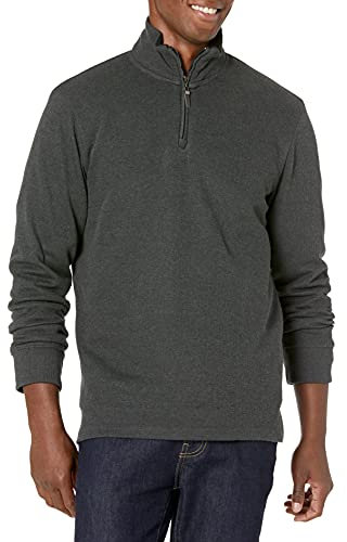 Amazon Essentials Herren Pullover mit Viertelreißverschluss, Französischer Rippstrick, Dunkelgrau Meliert, XS