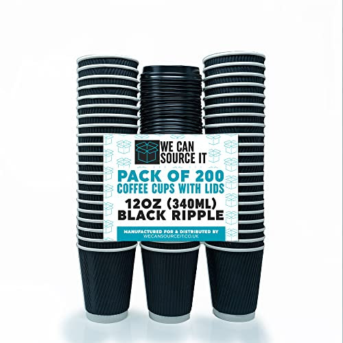 We Can Source It Ltd – 12oz Disposable Kraft Ripple Paper Cups with Black Lids – Insulated Black Paper Cups with 3 Ply Construction – for Tea, Coffee, Hot Drinks– 200Pc