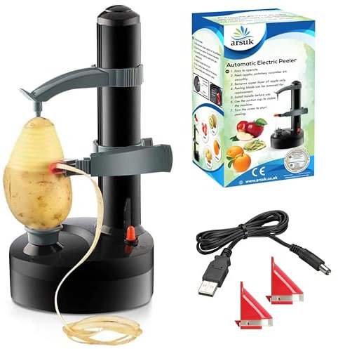 ARSUK Electric Peelers for Apple, Vegetables, Fruits - Automatic Rotating Peeler Machine, 3 Blades with Power Cord, Kitchen Peeling Tool (Black)