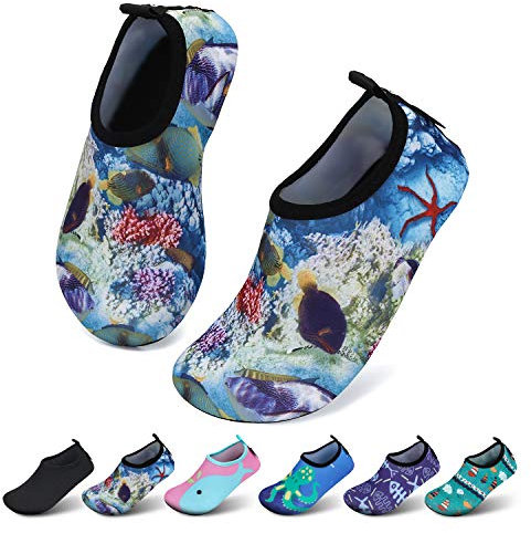 SAGUARO Kinder Badeschuhe Jungen Aquaschuhe Mädchen Schnell Trocknend Strandschuhe Atmungsaktiv Wasserschuhe Surf Yoga Neoprenschuhe,BunteBlau,Gr.34/35 EU