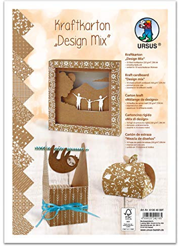 Ursus 61964699F - Kraftkarton Design Mix, DIN A4, 10 Blatt in verschiedenen Motiven, 250g/qm, einseitig Bedruckt, Basteln und Gestalten von Karten, Umschlägen, Etiketten, Anhänger, braun/weiß