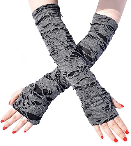Mrotrida Damen Goth Armstulpen Cosplay Zerrissener Punk fingerloser langer Handschuh für Halloween Kostümparty 1 Paar, grau, Einheitsgröße