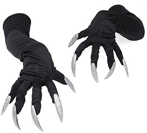 FakeFace Halloween Lange Fingernägel Handschuh Requisiten Klaue Party Kostüm Lange Nägel Wolf Geisterpfote Hexe Teufel Pfote für Kostüm Halloween Party Cosplay (Silber)