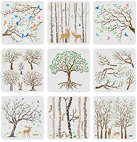 FINGERINSPIRE 9 Stück Lebensbaum Schablonen 20x20cm Baum Vögel Hirsch Malschablone Wiederverwendbare Espenbäume Lebensbaum Schablonen zum Malen auf Holz Leinwand Stoff Wand Fliesen
