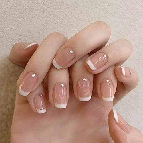 Handcess Lot de 24 faux ongles carrés brillants en acrylique rose nude à coller pour femmes et filles
