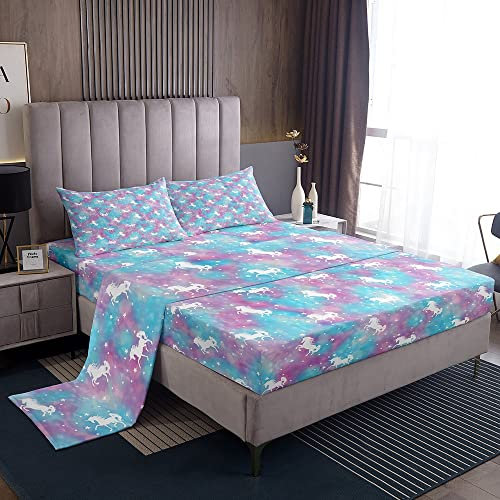 Set di lenzuola con unicorno per bambini, set di biancheria da letto per ragazzi e ragazze, con angoli blu, viola, 1 lenzuolo piatto king size