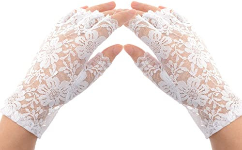 Fingerlose kurze Spitzenhandschuhe Sunblock Brauthandgelenkshandschuhe Frauen kurze Spitzenblumenhandschuhe für Hochzeitskostümzubehör (Weiß)