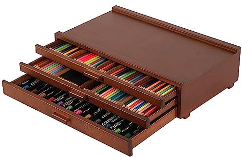 VISWIN 3-Drawer Art Supply Storage Organizer, Beech Wood Artist Storage Box with Removable Dividers, Portable Art Box for Paints, Brushes, Pencils, Pens, Pastels - Walnut