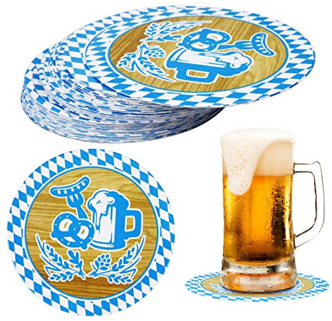 YOLOUP 60xOktoberfest Untersetzer Bierdeckel Bayern Deko aus Papier Runder Glasuntersetzer im bayerischen Stil für Oktoberfest Tischdeko Mottoparty Dekoration (Ø 10,7 cm), Blau-untersetzer