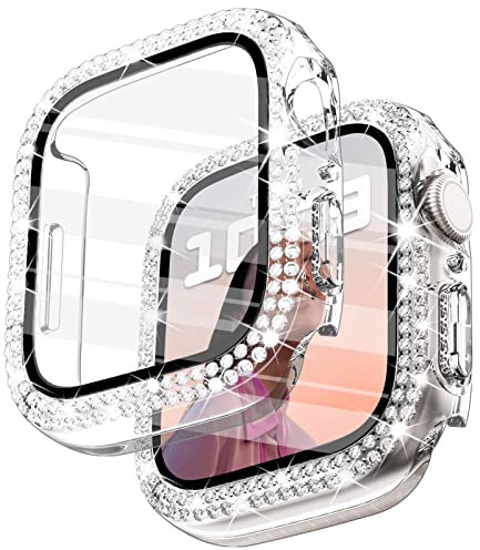 Wingle Compatibile per Apple Watch 44mm SE Series 6 5 4, Cover con diamante lucido da donna con protezione in vetro temperato per iWatch Protector Case 44mm SE Series 6 5 4, trasparente