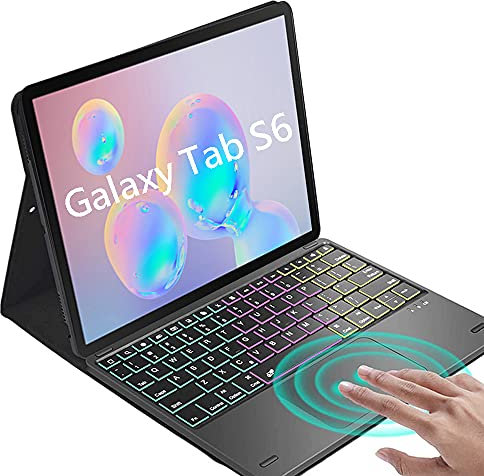 QYiiD Tastatur Hülle mit Touchpad für Galaxy Tab S6 10.5 Zoll SM-T860 / T865, PU Folio Hülle mit Ständer, Abnehmbare, TouchPad, 7 LED-Hintergrundbeleuchtung, Bluetooth Tastatur QWERTZ, Schwarz