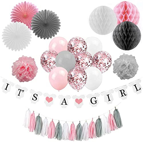 aupawdy 40 pcs Babyparty Deko Mädchen Es Ist Ein Mädchen-Banner mit Papierfächer-Gewebe-Pompons Wabenball-Partyballons Folienquaste Rosa Und Grau Es Ist Ein Mädchen-Babyparty-Dekorationen