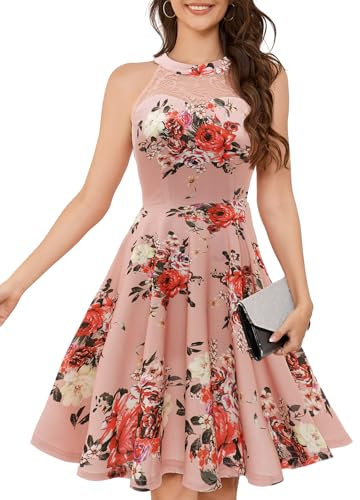 Bbonlinedress BBONL INEDRESS Sommerkleid Damen Neckholder Blumendruck Kleid Cocktail Festliche Kleider Brautkleid Abendkleider elegant für Hochzeit Blush Flower XS