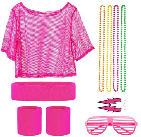 CHEVVY 80er Jahre Outfit Damen 80er Neon Netz Shirt Stirnband Armband Ohrringe Halskette 80er Jahre Kleidung Kostüm Neon Accessoires Thema Party Karneval Damen Frauen Mädchen