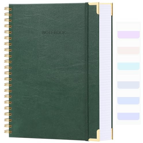 Graph Paper Notebook, 8.5 x 11 Spiral Notebook, 300 Page Hardcover Graphing Notebook for School, Leather Notebooks for Work, Engineering, Thick Large A4 Grid Notebook, 5 Squares, 24Pcs Tabs, Green