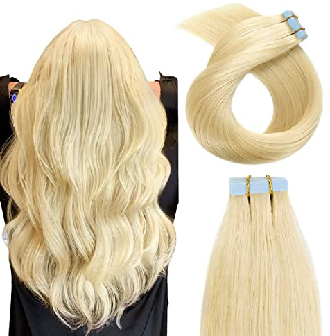 YILITE Tape Extensions Echthaar, Bleichblond 30cm 20 Stück/Packung 50g Tape in Extensions Echthaar Invisible Seidig Gerade Skin Weft Tape Ins Natürlich Erweiterungen (60cm #613 Bleichblond)
