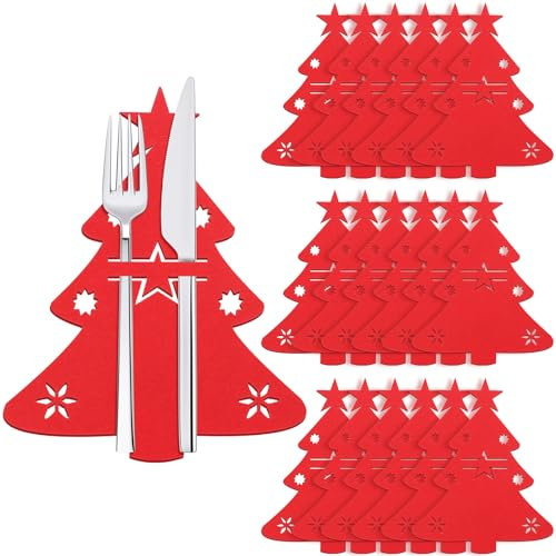 ROADPLUM 18 Stück Besteckhalter Weihnachten Filz, Rot Weihnachtsbaum Bestecktasche Weihnachten Tischdeko Messer Gabeln Löffel Bestecktaschen für Party Weihnachts Tischdeko
