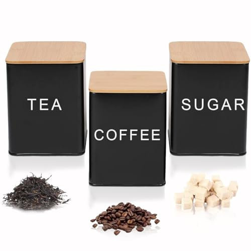 AYSUM Tea Coffee & Sugar Canisters Set of 3, Kitchen Storage Tins Storage Jar Container Set With Airtight Bamboo Lid, Black - Square Jars