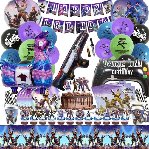 IXOKEV 101 PCS Game Party Supplies, Game Compleanno Decorazione, Palloncini per Feste per Game, Video Game Decorazione Della Torta, Piatti Tovaglioli Palloncini Cupcakes Banner Tovaglie