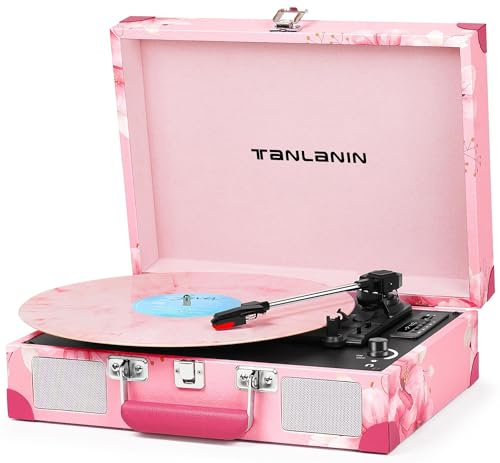 Tocadiscos con altavoces maleta Bluetooth de 3 velocidades, portátil, reproductor de discos de vinilo USB, transmisión por correa, tocadiscos vintage, ecualizador de línea AUX, color rosa claro