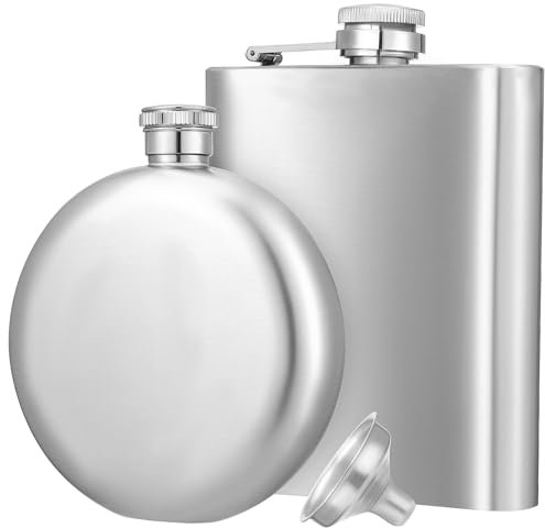 PRETYZOOM Flasque De Whisky En Acier Inoxydable 304, Set 3 Pièces 5 Oz Rond 7 Oz Carré Entonnoir, Étanche Et Portable, Pour Homme, Camping Randonnée Et Déjeuner En Plein Air
