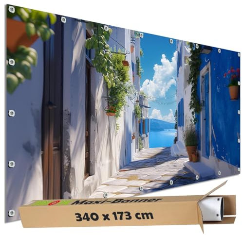 TRIOSK Sichtschutz Garten Dekoration Plane groß mit Motiv Griechenland Meer Gasse Weiß Motivbanner Blickdicht für Terrasse Zaun Gartenzaun Gartenposter PVC Zaunblende 340x173 cm