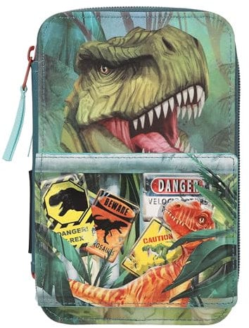 Depesche 11757 Dino World Danger-Gefüllte 3-Fach Federtasche mit Trex Motiv, dunkelgrüne Federmappe mit Buntstiften, Lineal, Schere UVM, Blau [Toy]