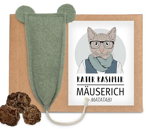 MÄUSERICH - die handgenähte XL Katzenspielzeug Maus mit Matatabi-Füllung zur Selbstbeschäftigung von Katzen, Spielkissen für Katzen, Duftkissen mit Silvervine-Früchten (statt Katzenminze Sticks)