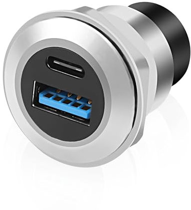 XMSJSIY USB 3.0 Type-C Panel Threaded Fixed Mount Coupler Adapter USB A/Type C 20V 3A 60W Female to Female with Anti-loosening Gasket Chassis Panel Mount Socket Connector Data Transfer (Round)